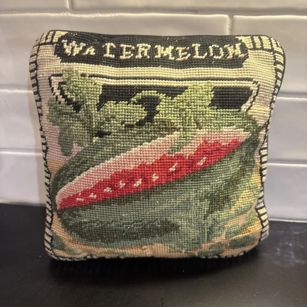 Vintage Needlepoint Watermelon Summer Pillow Black Velvet Back Removable Cover